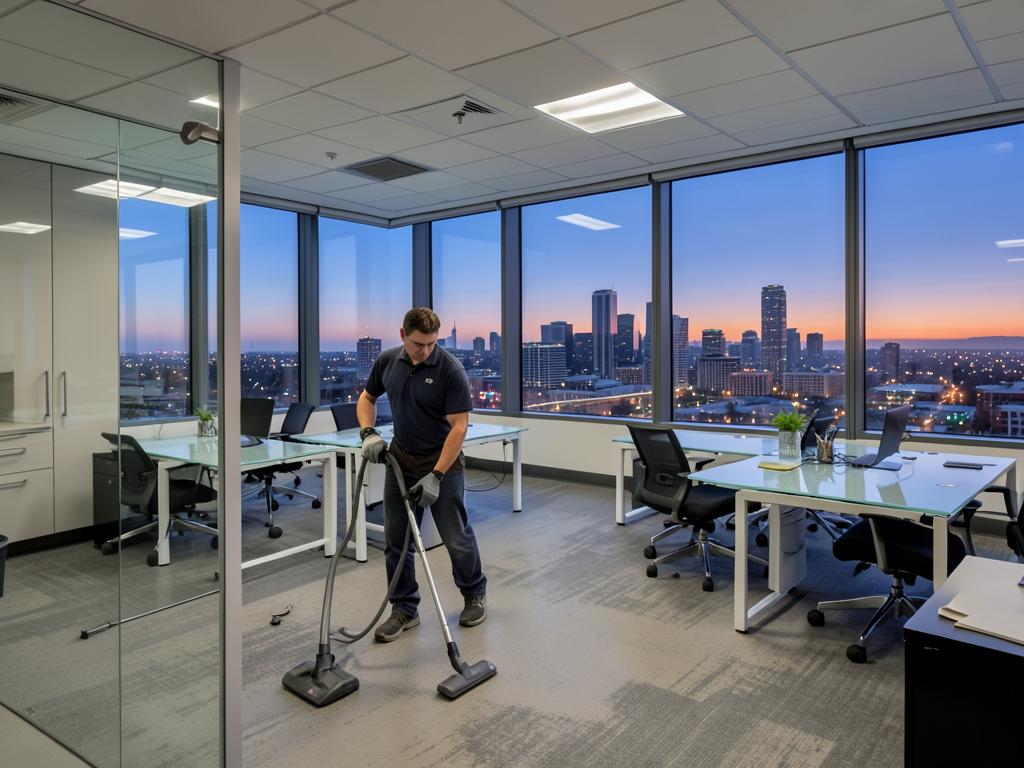 Cleaner sanitizing desks during after-hours office cleaning in Kamloops