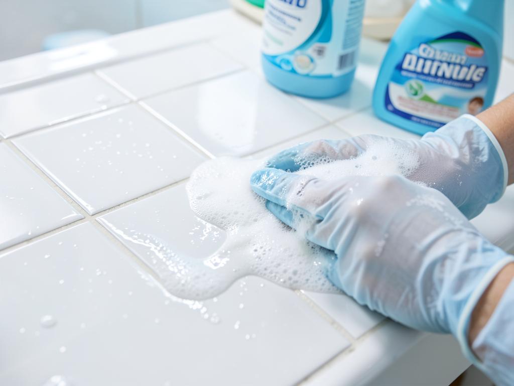 Cleaner scrubbing bathroom tile grout during a deep clean in Calgary
