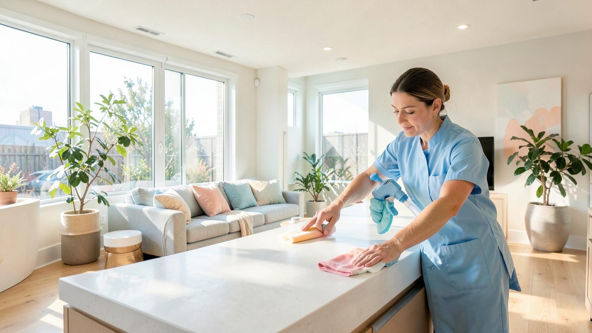 Lightmaids cleaning professional wiping down a bright living room in a Calgary home